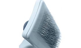 Side view of self-cleaning cat slicker brush in light-blue with fine bristles, designed for safe and gentle cat grooming.