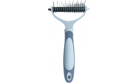 Front view of grey cat dematting rake comb with ergonomic grip and stainless steel blades, safe for cats with sensitive skin.