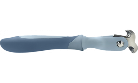 Side view of grey cat dematting rake comb with slim ergonomic handle and stainless steel blades for gentle cat grooming.