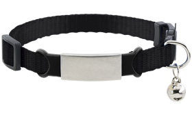 Black engraved cat collar with quick-release buckle, silver D ring and bell, plus ID plate customisable with your cat’s name.