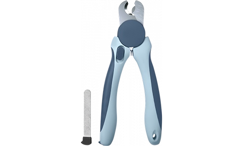 Cat nail clipper with grey non-slip handles, sharp stainless steel blade, and built-in nail file for precise cat nail care.