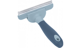Ergonomic cat grooming deshedding comb with grey and blue handle and stainless steel blade, suitable for all cats.