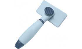 Light blue self-cleaning cat slicker brush with easy-grip handle, soft bristles for cat’s comfort, and self-cleaning button.